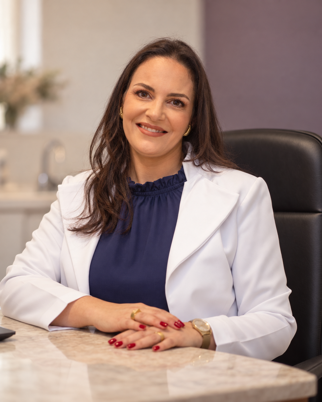 Dra. Watfa Faneco em seu consultório, com jaleco branco